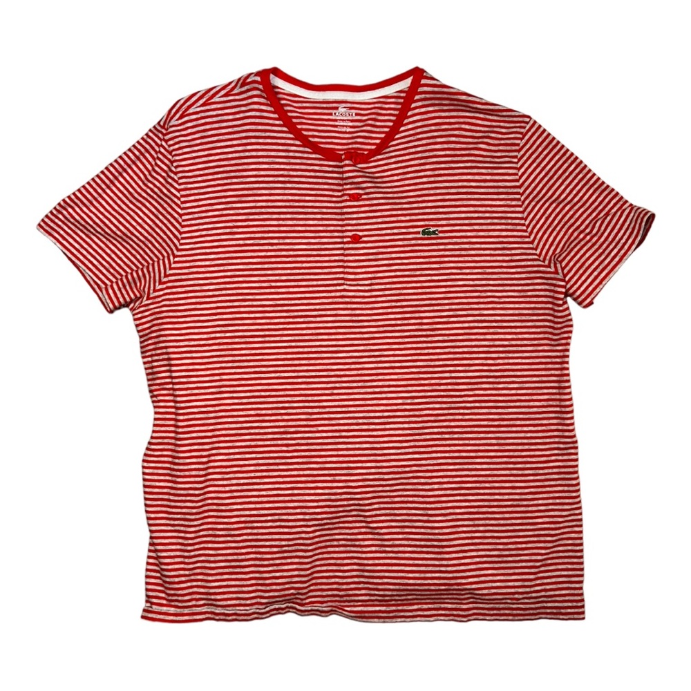 Lacoste Red and White Striped Short Sleeve Henley Tee
